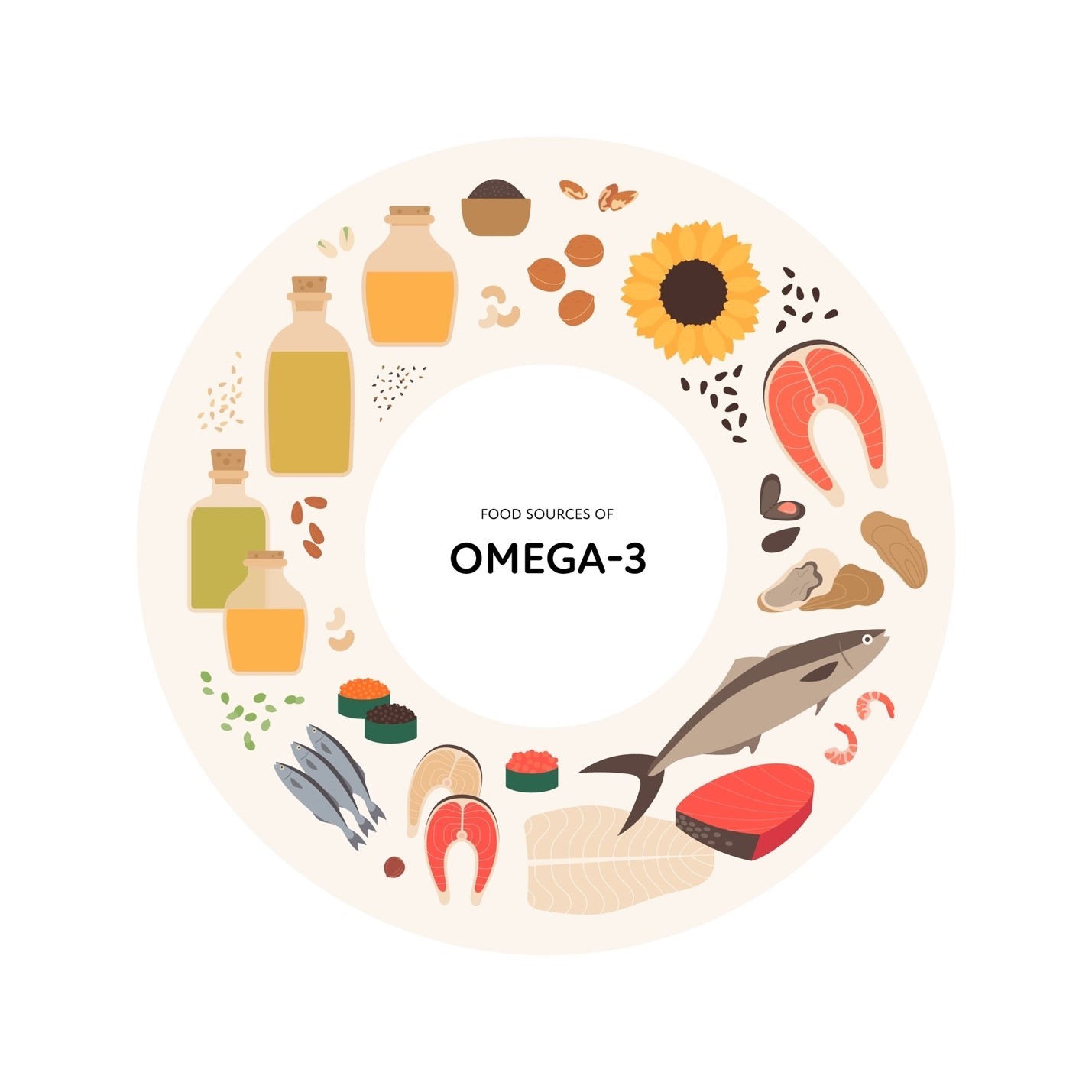 Illustration of omega-3 vitamin sources in a circle frame chart with colorful icons of oil, fish, seafood, nuts, and seeds.